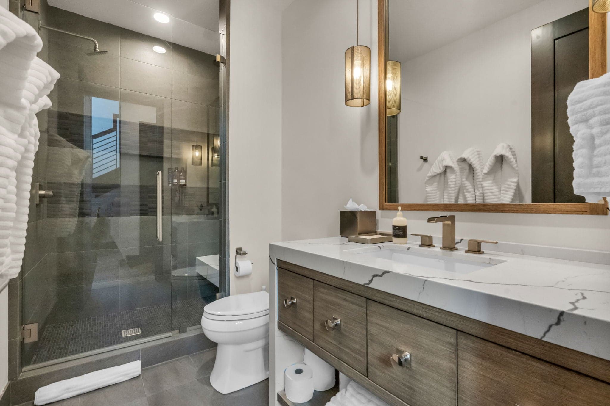 Walk-in Shower with Glass Door, Single Sink Bath Vanity and Mirror